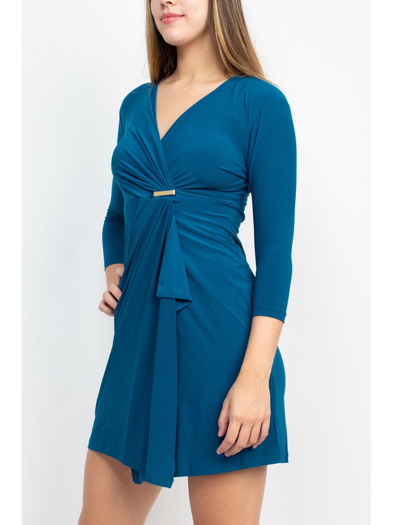 Emma & Michele V-Neck Gathered Front 3/4 Sleeve Solid Jersey Dress-PEACOCK  / M - Walmart.com