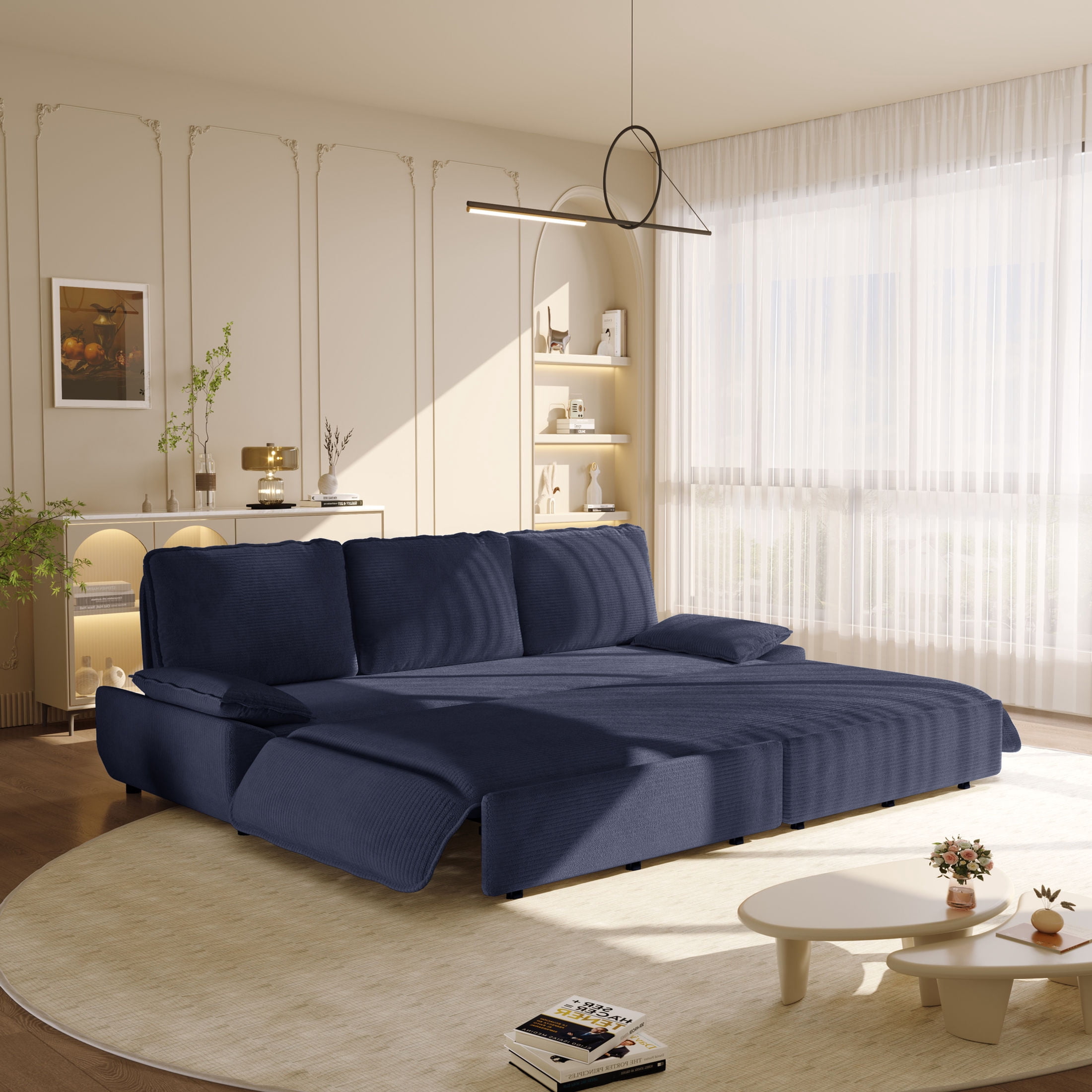 Noble House Genrix Corduroy Convertible Sleeper Sofa Bed, Multifunctional 3-in-1 Pull Out King Couch, Blue