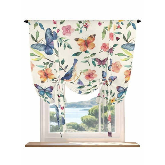 Blue Red Botanical Tie Up Curtains for Windows 63 Inch Length Balloon Curtains Kitchen Adjustable Balloon Window Shade Butterfly Birds Watercolor Floral Tie Up Valance Bathroom Curtain Window 52"x63"