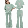 thumbnail image 4 of Caqnni 9-10 Years Teen Girls Tracksuit Short Sleeve Tops T Shirt And Flared Trousers Teenager 2 Piece Outfits Kids Sets For Teen Girls Running Tracksuit A30-Green, 4 of 5