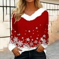 thumbnail image 2 of BLVB Merry Christmas Women's Fall T Shirts Christmas Snowflake Graphic Tee Tops Long Sleeve V Neck Plush Trim Pullover, 2 of 5