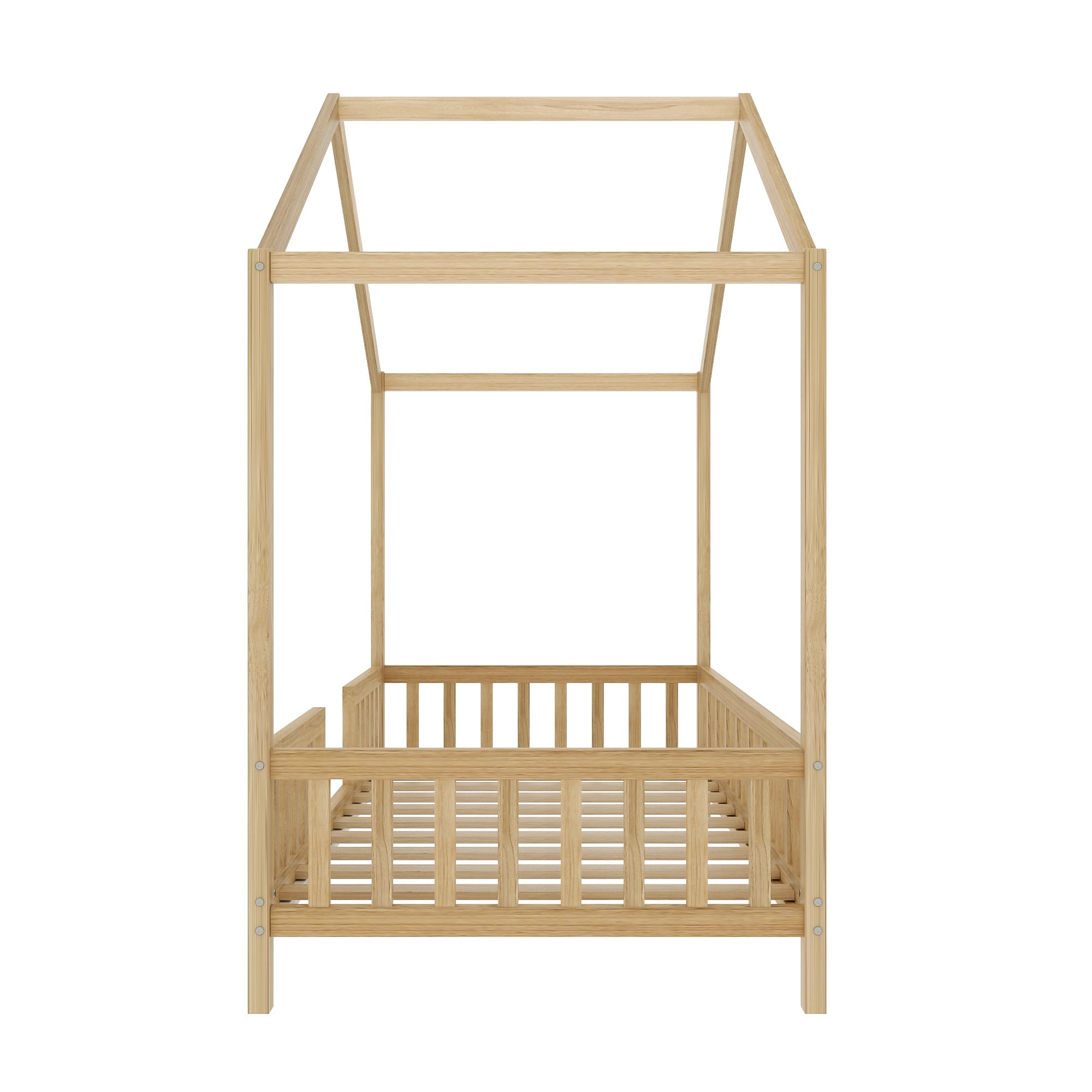 MODERNLUXE Twin Size Montessori Floor Bed with Canopy,House Bed Frame with High Railings and Roof,Wood Tent Bed for Teens Girls & Boys,Natural