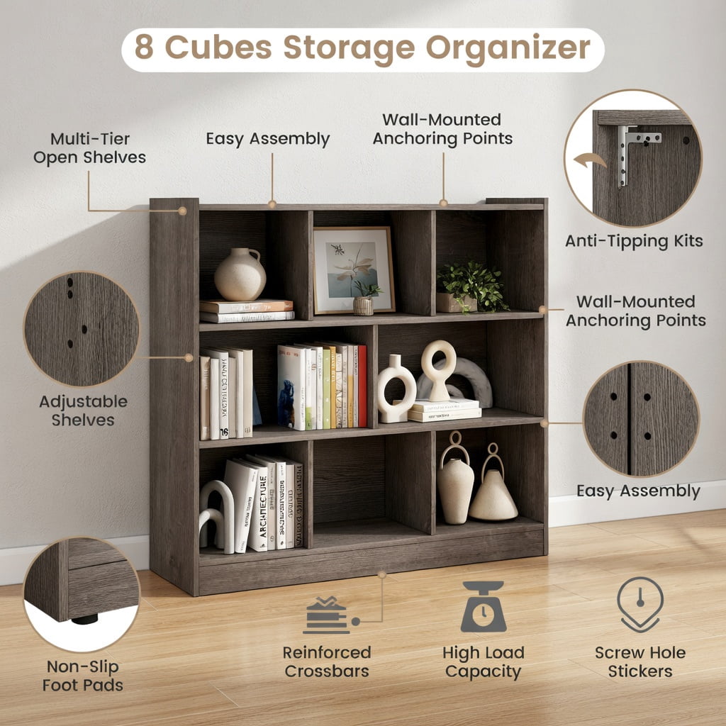 Spaco 3-Tier Open Bookcase 8-Cube Floor Standing Storage Shelves Display Cabinet-Gray, Tall Bookshelf, Shelves for Living Room, Home Office, Bedroom, Balcony