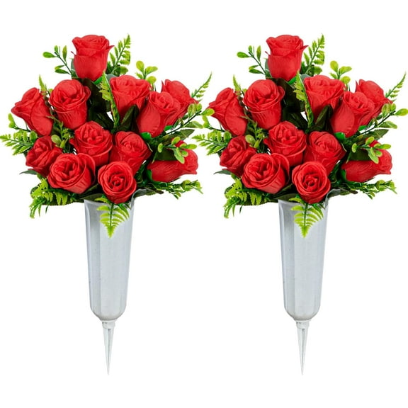 Artificial Cemetery Flowers, Set of Artificial Rose Bouquet Grave Memorial Flowers with Vase for Cemetery Headstones Decoration (Red)