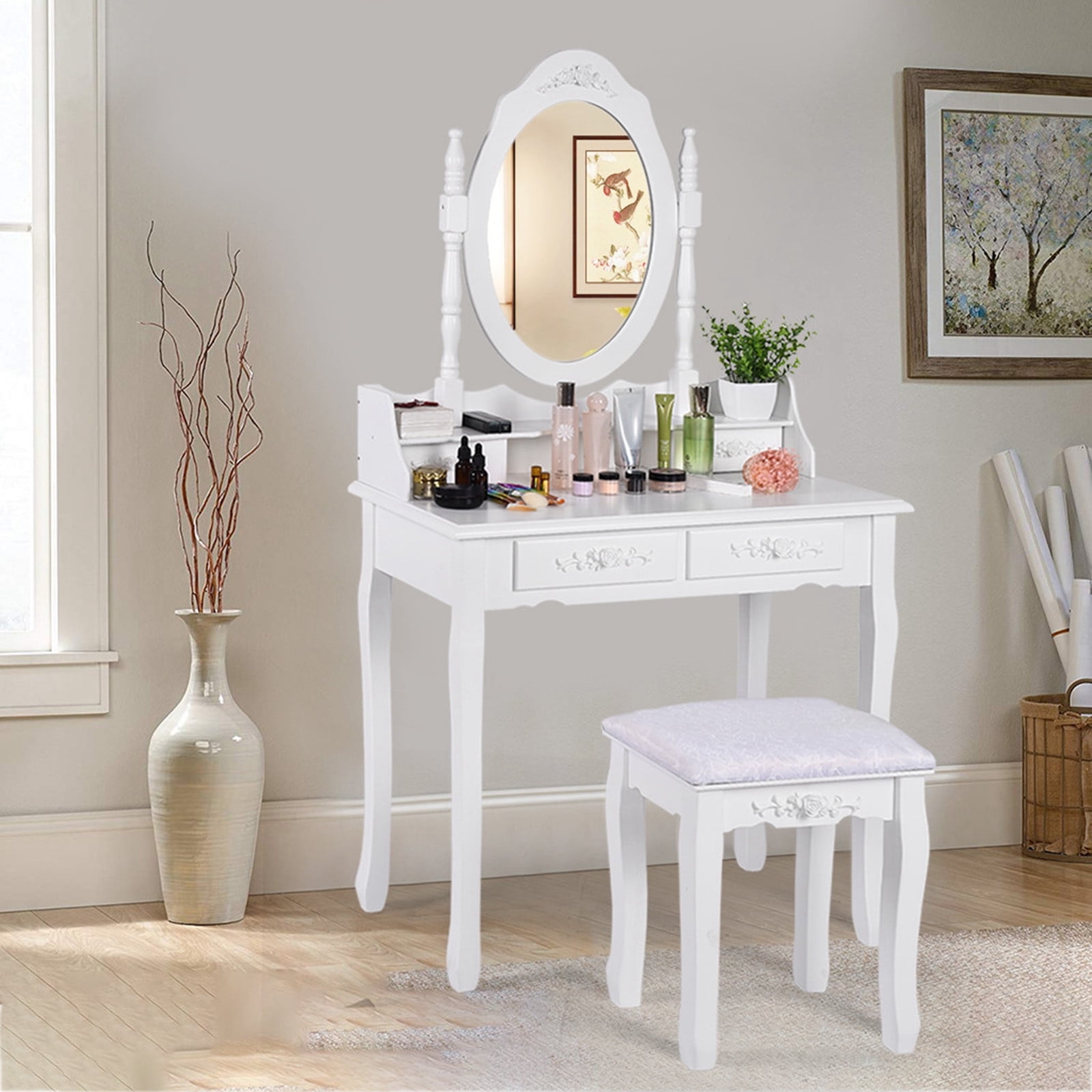 Details about   Wood Vanity Makeup Dressing Table Stool Set Bedroom With Drawer Rotating Mirror 