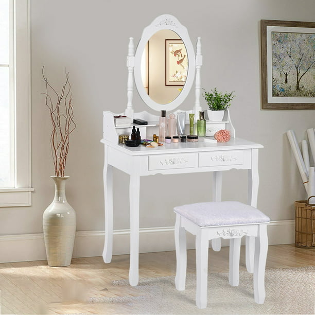 White Vanity Table Set With Oval Mirror, Small White Vanity With Stool