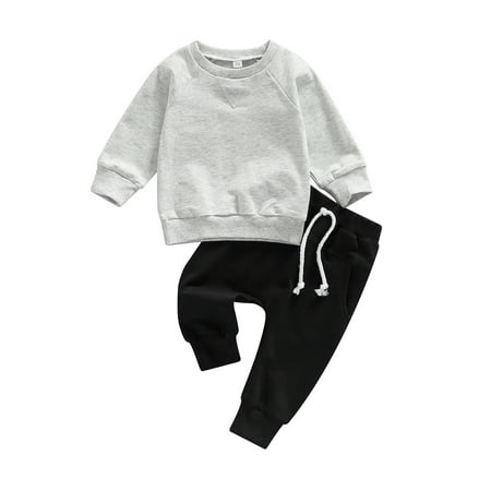 

Baby Boy Clothes 2pcs Fall Outfits Long Sleeve Solid Sweatshirt T-Shirt Top Striped Drawstring Pants Set