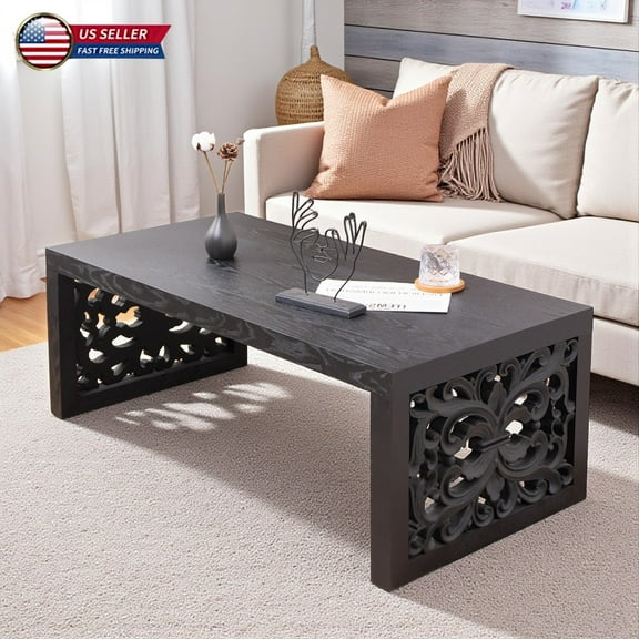 Hassch 47.2" Carved Wood Coffee Table, Handcrafted-Look Rectangular Living Room Accent Table with Ornate Side Panels, Black