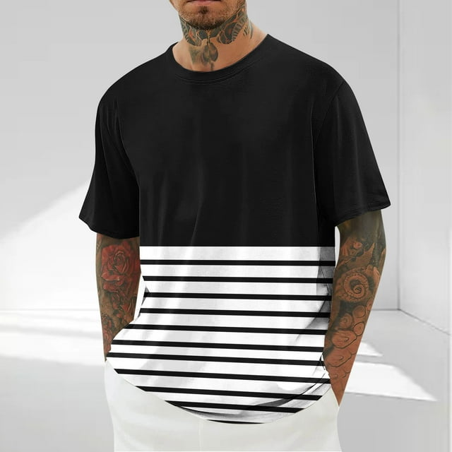 Styesk T-Shirts pour Homme T-Shirts Décontractés à Manches Courtes à Rayures Imprimées Col Rond Épaules Dégagées