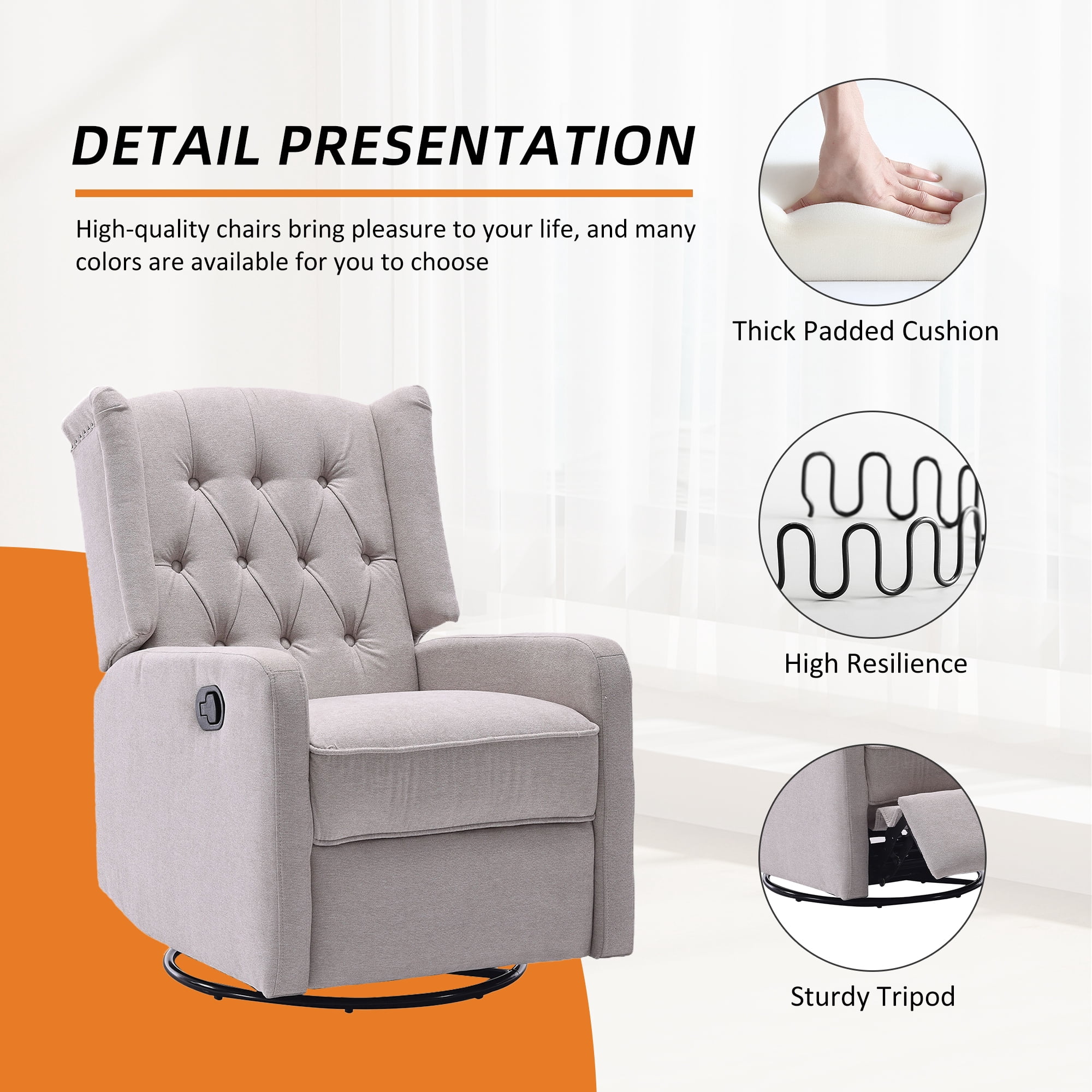 MOONMISS Linen Upholstered 360 Degree Swivel Rocking Recliner Chair for Bedroom,Living Room-Beige
