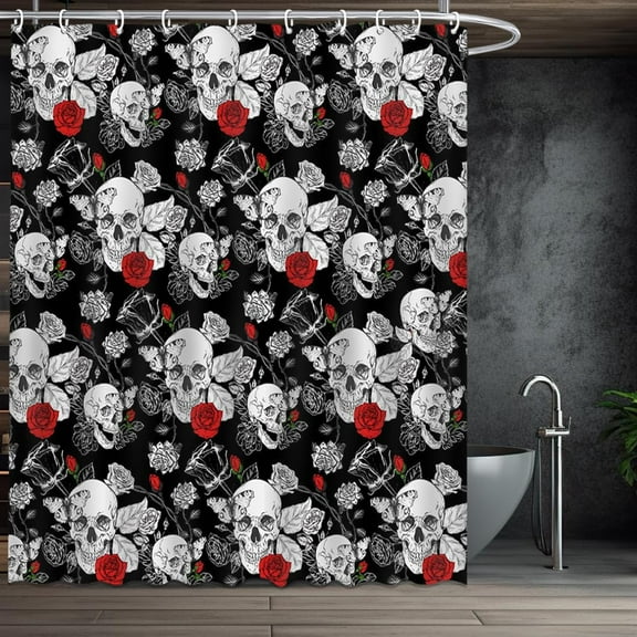 Gothic Skull Shower Curtain Rose Goth Bathroom Curtain Halloween Spooky Fabric Shower Curtain with 12 Hooks 72x72 Inches