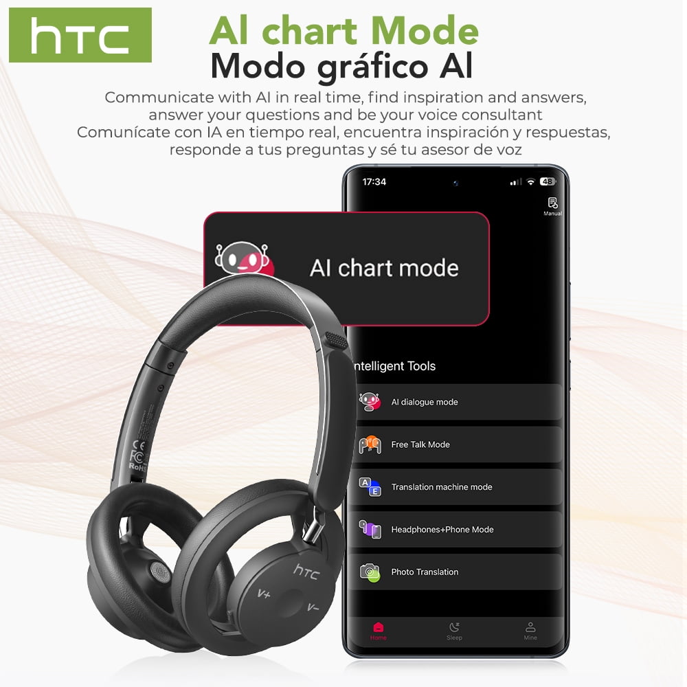 Wireless Bluetooth Over-Ear Headphones HP06, AI Translator 135 Languages, Noise Cancelling, 26H Battery, Mic for Calls, Travel & Office - Black
