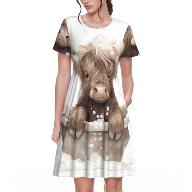 Easygdp Cute Cow Bath para Vestido Transpirable de Mujer, Vestido Suelto de Manga Corta con Pliegues y Bolsillos para el Verano