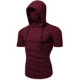 thumbnail image 2 of Men's Solid Color Short Sleeve Mask Hoodie, Casual Sports Pullover Top for Summer, Outdoor Activities,Wine,L, 2 of 4