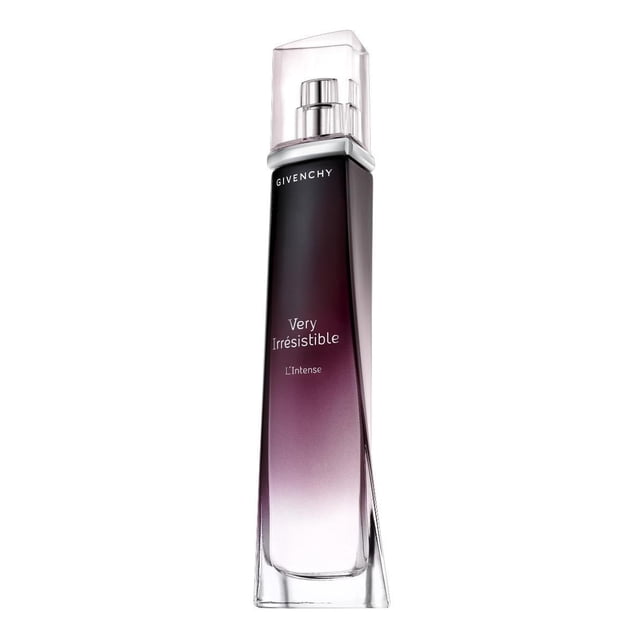 perfume very irresistible l'intense de givenchy edp 75 ml botella alta y delgada de vidrio con degradado morado a transparente, tapa transparente y atomizador plateado, texto frontal 'Very Irrésistible L'Intense' y marca Givenchy en el cuello, presentación 75 ml para dama; a menudo usado en ocasiones especiales.