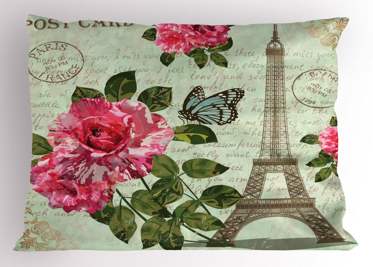 Paris Pillow Sham Shabby Chic Romantic Roses Flowers Leaves with Eiffel Tower and Abstract Lettering, Decorative Standard Queen Size Printed Pillowcase, 30 X 20 Inches, Multicolor, by Ambesonne