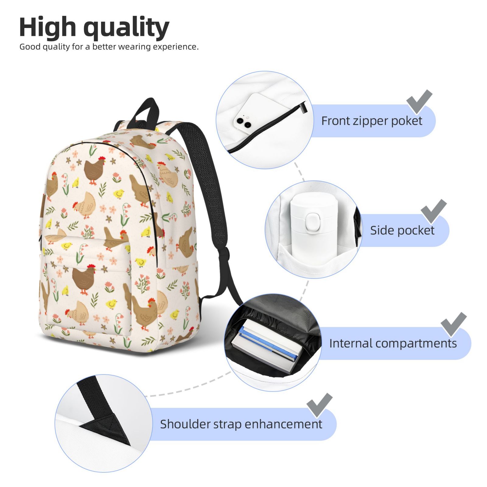 Rateoe Chicken Family Pattern Canvas College Laptop Backpack,Travel Daypack,Durable Rucksack Travel Notebook Bag School Backpack Book Bag for Men Women-Small