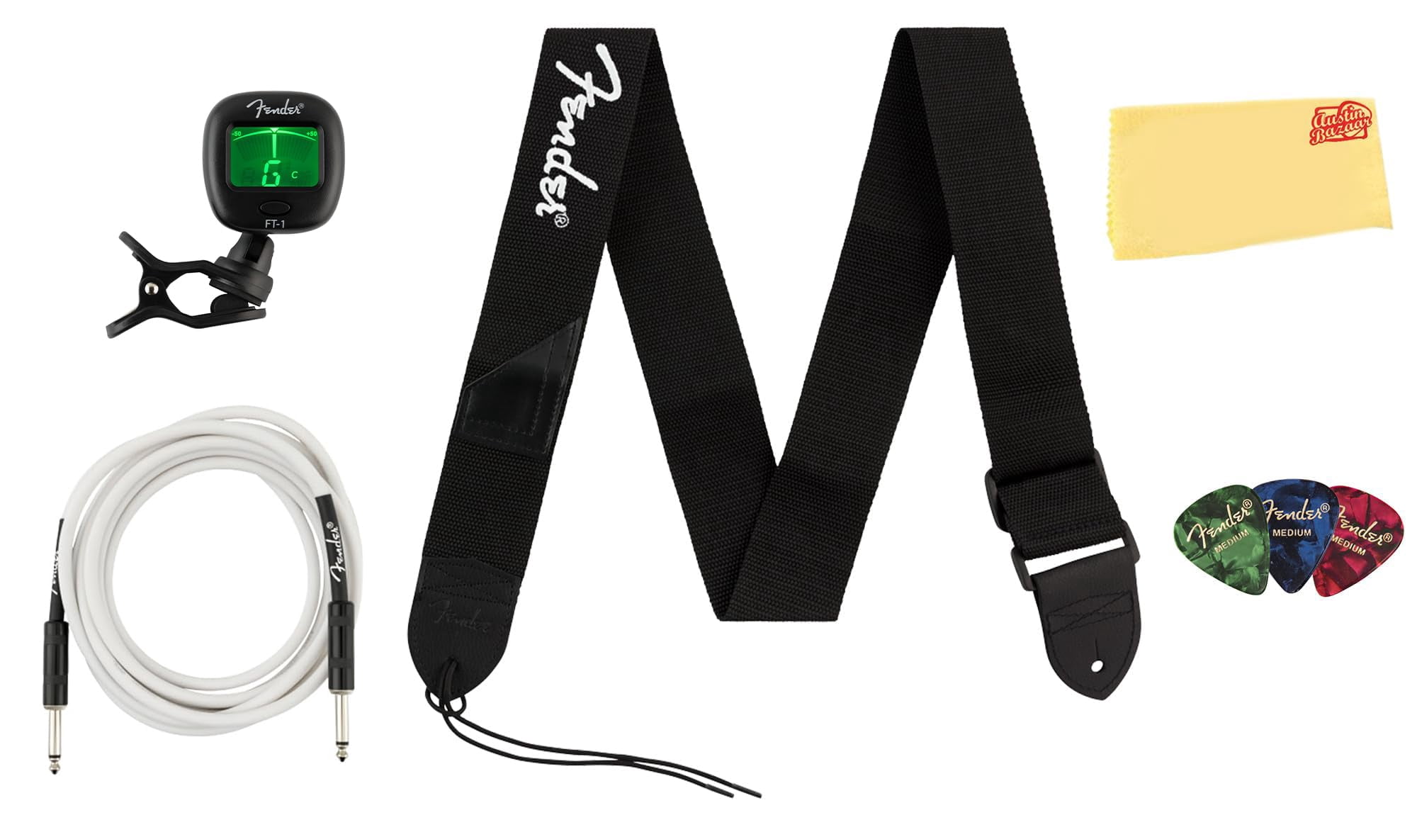 Fender Accessory Essentials Pack Bundle with Instrument Cable, Clip-On Tuner, Guitar Strap, 3-Pack Guitar Picks, and Austin Bazaar Polishing Cloth