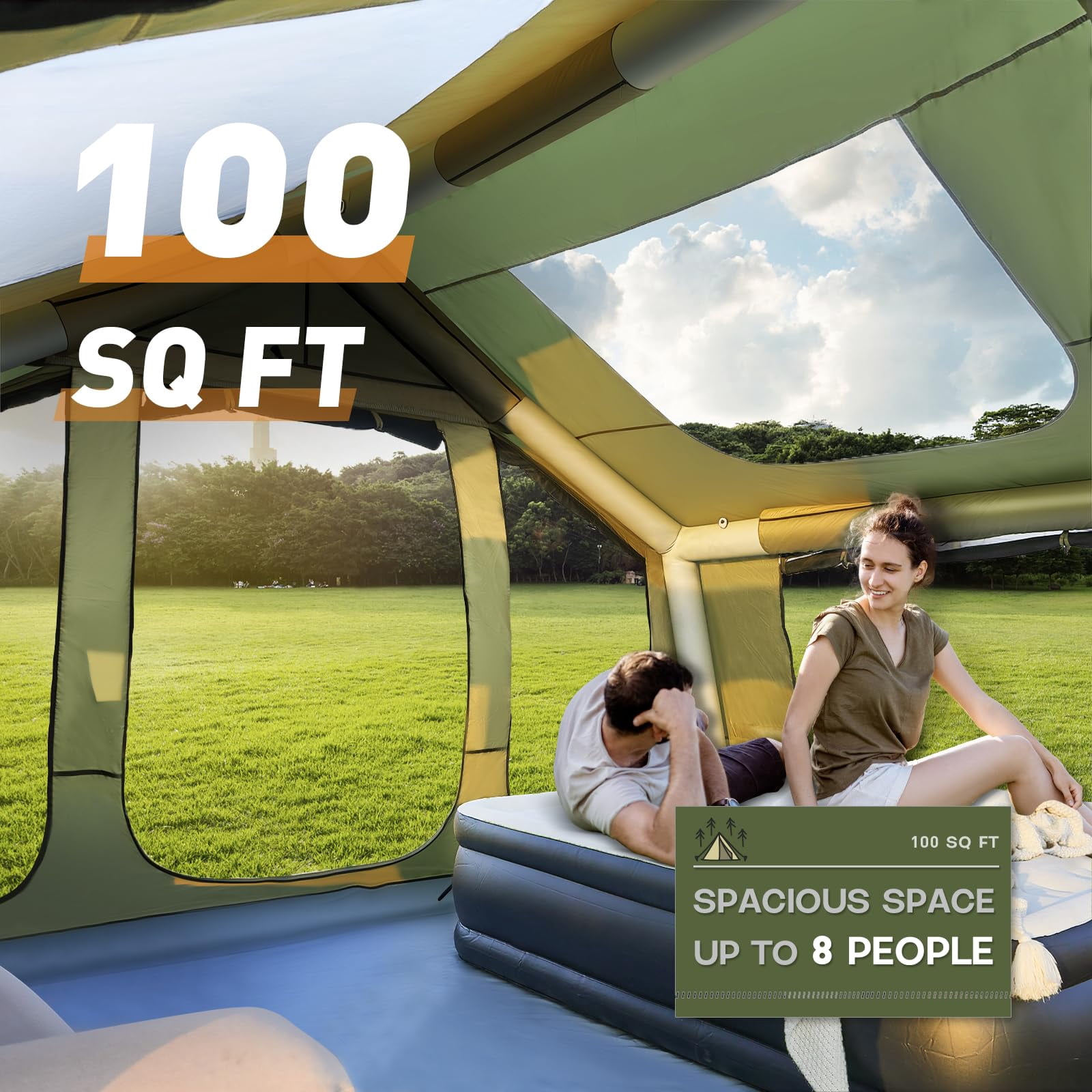 Erommy 12'x8' Inflatable Tents for Camping, Oxford Blow Up Tent with Hand Pump, Stove Jack & Mesh Windows, 4 Season Tent for 6-8 Person