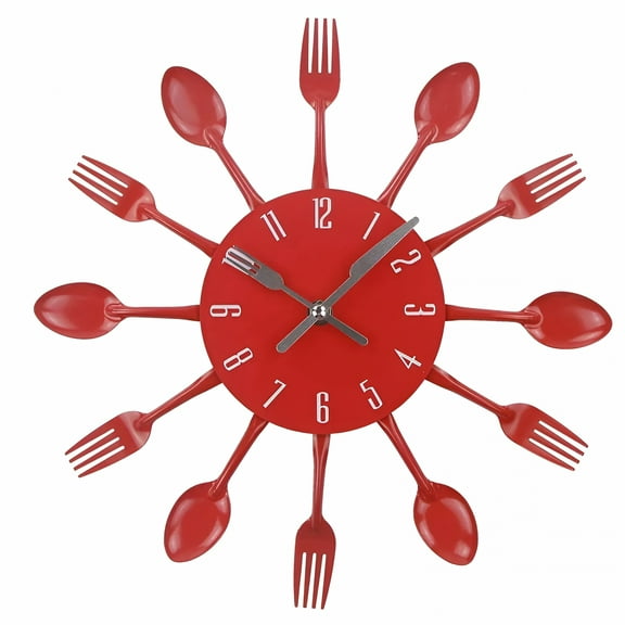 DESIGNICE Kitchen Cutlery Wall Clock with Forks and Spoons for Home Decor - Red