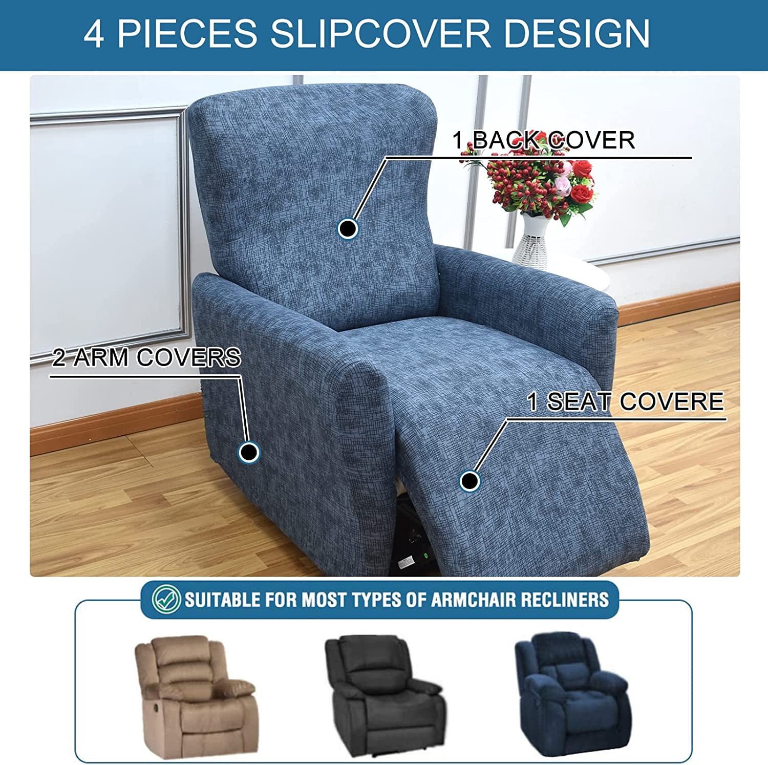 CHUNTIAN Stretch Recliner Slipcovers Printed Sofa Cover 4-Piece Fallon Collection Slipcover Lazy Boy Chair Covers Furniture Protector Recliner Chair Cover with Storage Pocket for Living Room, A2