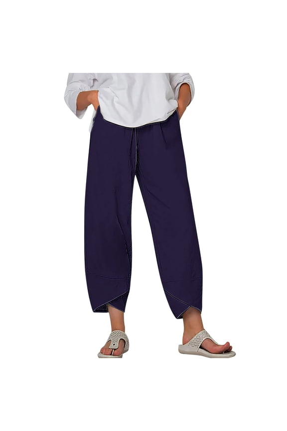 Womens Linen Crop Pants with Pockets Elastic Waisted Casual Summer Beach Lounge Plus Size Pants Cross Hem Trousers (M, Purple)