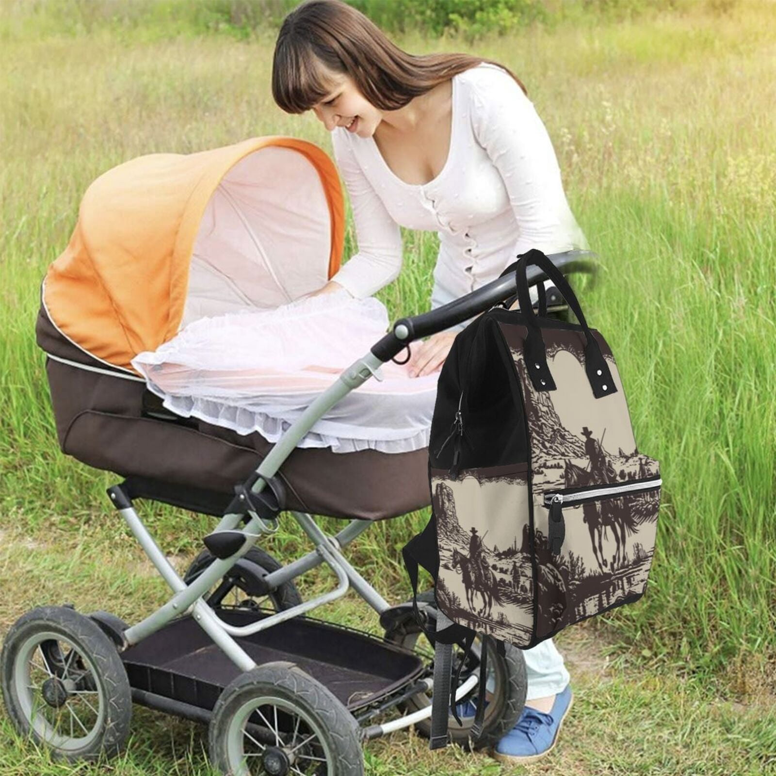 Ratiio Western Desert Cowboy Mummy Backpack - Waterproof Twill Canvas, Large Capacity Diaper Bag with Multiple Pockets and Adjustable Straps