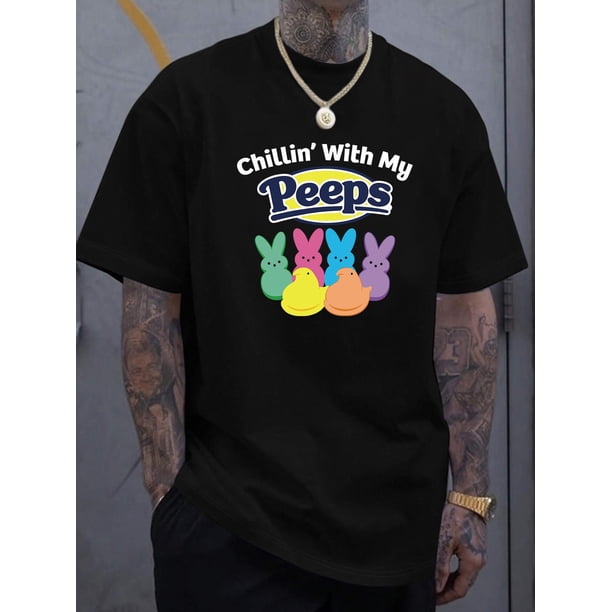 Men's Casual Short-Sleeve T-Shirt with "Chillin' with My Peeps" Lettering & Bunny Graphic - Lightweight Summer Tee for Casual Attire, Regular Fit, Casual Sporty Tee, Comfy Tee