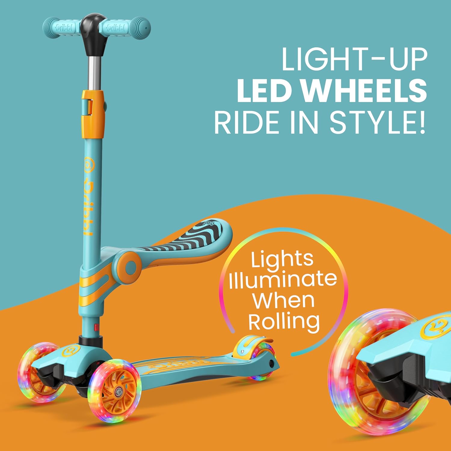 Dribbl 3-Wheel Kids Scooter with Seat, Light-Up Wheels, Adjustable Handlebar, Wide Deck & Rear Brake, Ages 2+