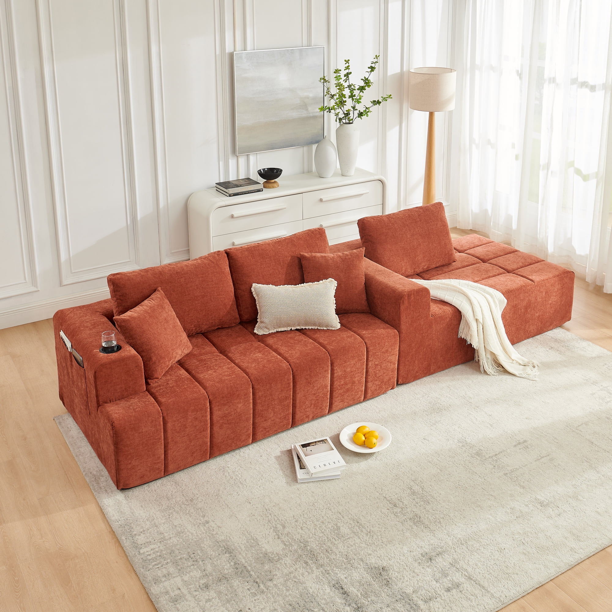 Leumius 108" L-Shaped Sectional Sofa,Chenille Boneless Couch, Modern 3-Seat Upholstered Cloud Couch Sectional with Deep Seat and Cup Holders for Living Room,No Assembly Required,Orange