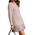 thumbnail image 3 of Robe Chandail en Tricot Torsadé pour Femmes, Col Ras du Cou, Manches Longues, Mini-Robe Plissée, Style Deux-en-un, Robe Patchwork, Rose, TP, 3 of 7