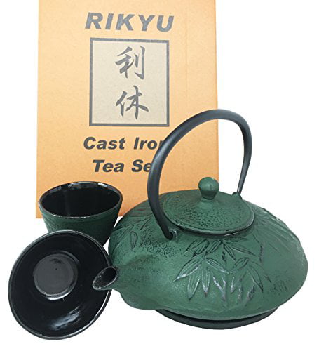 Japanese Cast iron Tea Pot Cup Set Green Bamboo, 