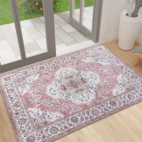 Wondiair 2'x3' Area Rug, Vintage Persian Medallion Accent Rug, Soft Machine Washable Non-Slip Low Pile Carpet for Entryway / Kitchen / Bedside, Rose Pink Ivory