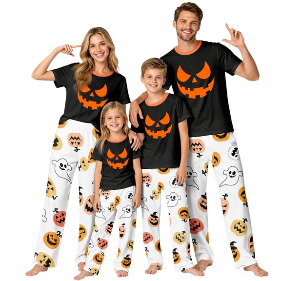 Family Halloween Pajamas Matching Sets, Black Jack‑o‑Lantern Face Ghost Print Soft Short Sleeve Top and Long Pants Halloween Pajamas for Family, 2 Piece Holiday Sleepwear Halloween Family Pjs Set