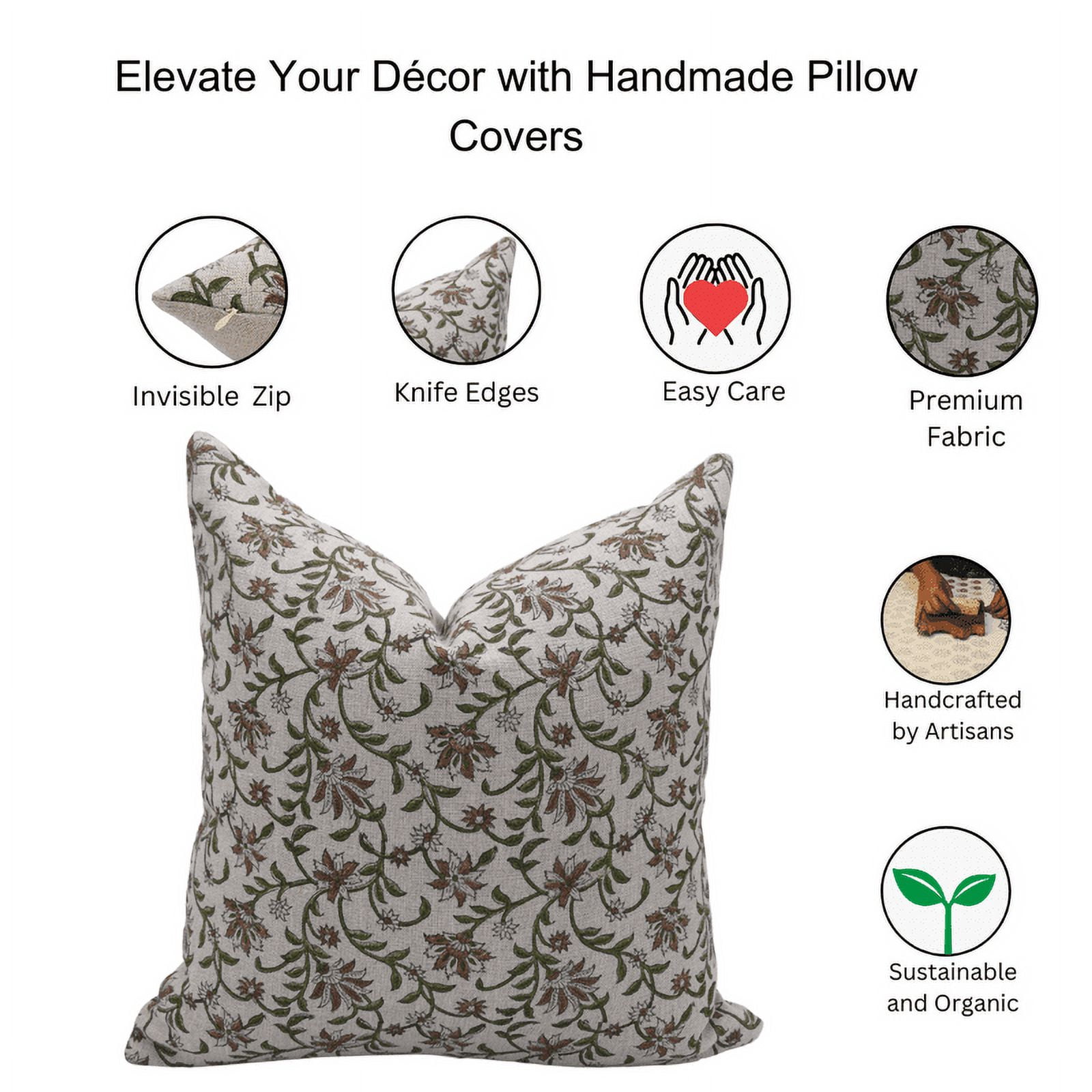 Fabdivine Hand Block Print Linen Pillow Cover 14x14 Green Floral Boho Farmhouse Cushion