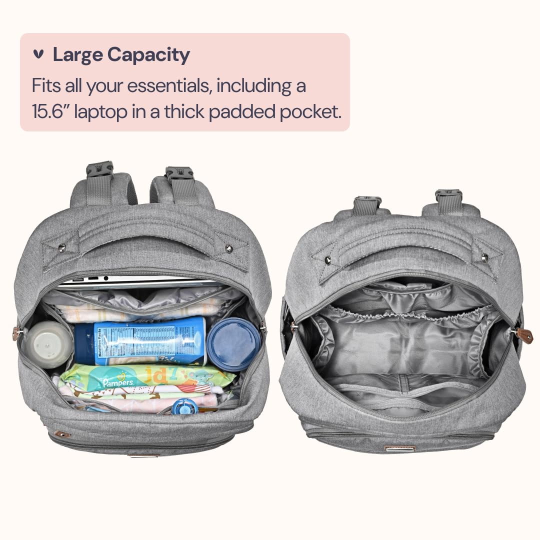 BabbleRoo Diaper Bag Backpack, Travel Backpack, Pacifier Case & Stroller Straps, Multifunction, Waterproof, Unisex – Light Gray