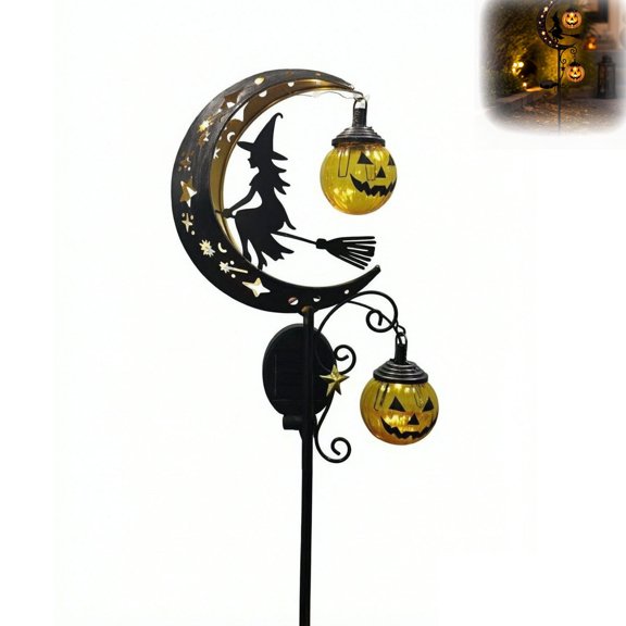 Halloween Solar Garden Stake Light, Metal Silhouette with Dual Jack‑o‑Lanterns, Solar Powered Outdoor Yard Decor, Ground Stake Included for Garden Lawn Patio Pathway
