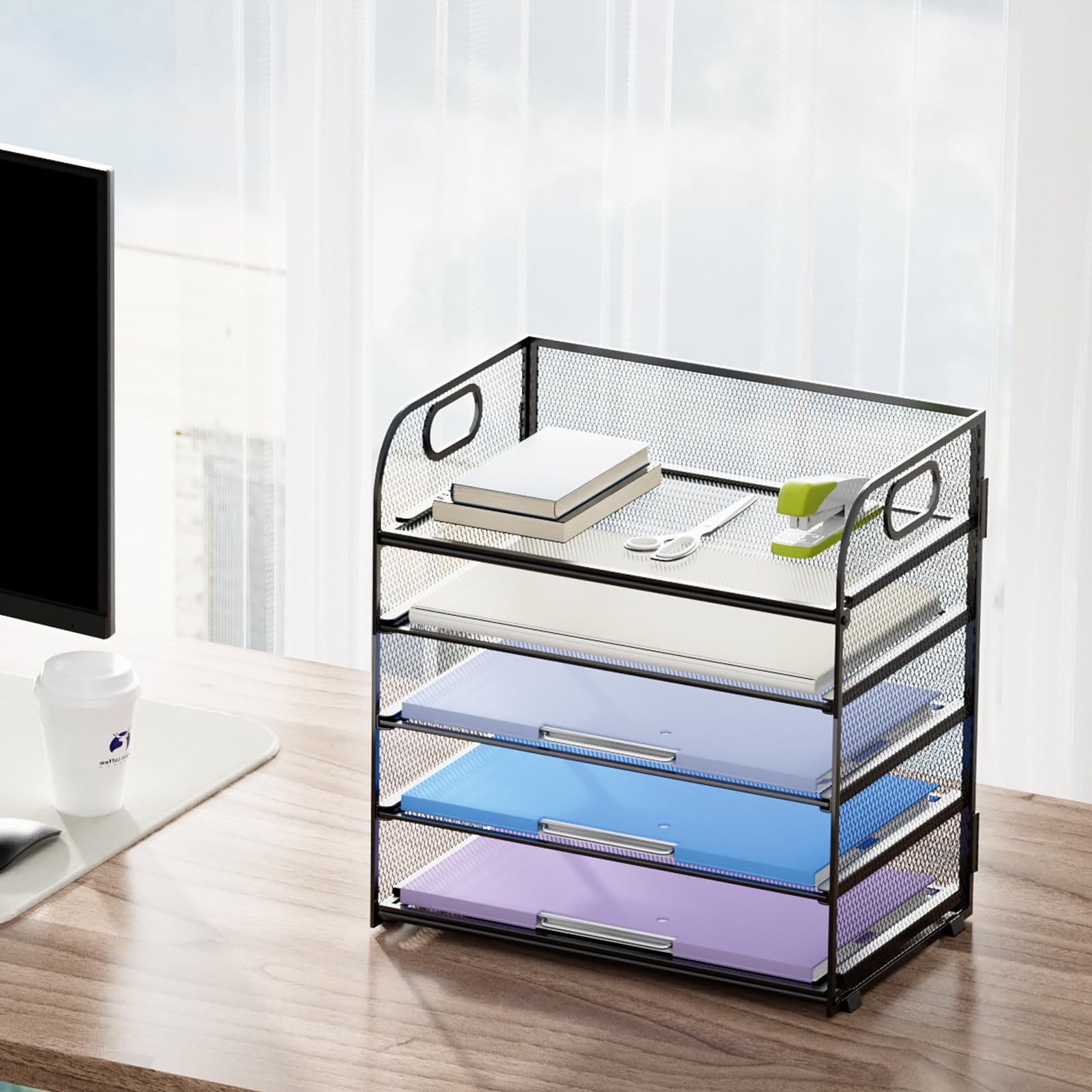 Marbrasse 5-Tier Paper Letter Tray Organizer with Handles, Mesh desktop file storage rack，Metal Desktop Document Shelf Tray Office Classroom Organization