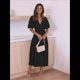 thumbnail image 5 of Vestido Midi Fluido de Corte A con Escote en V Profundo, Corta Abullonada, Cintura Alta Elástica y para Mujer Negro S, 5 of 9