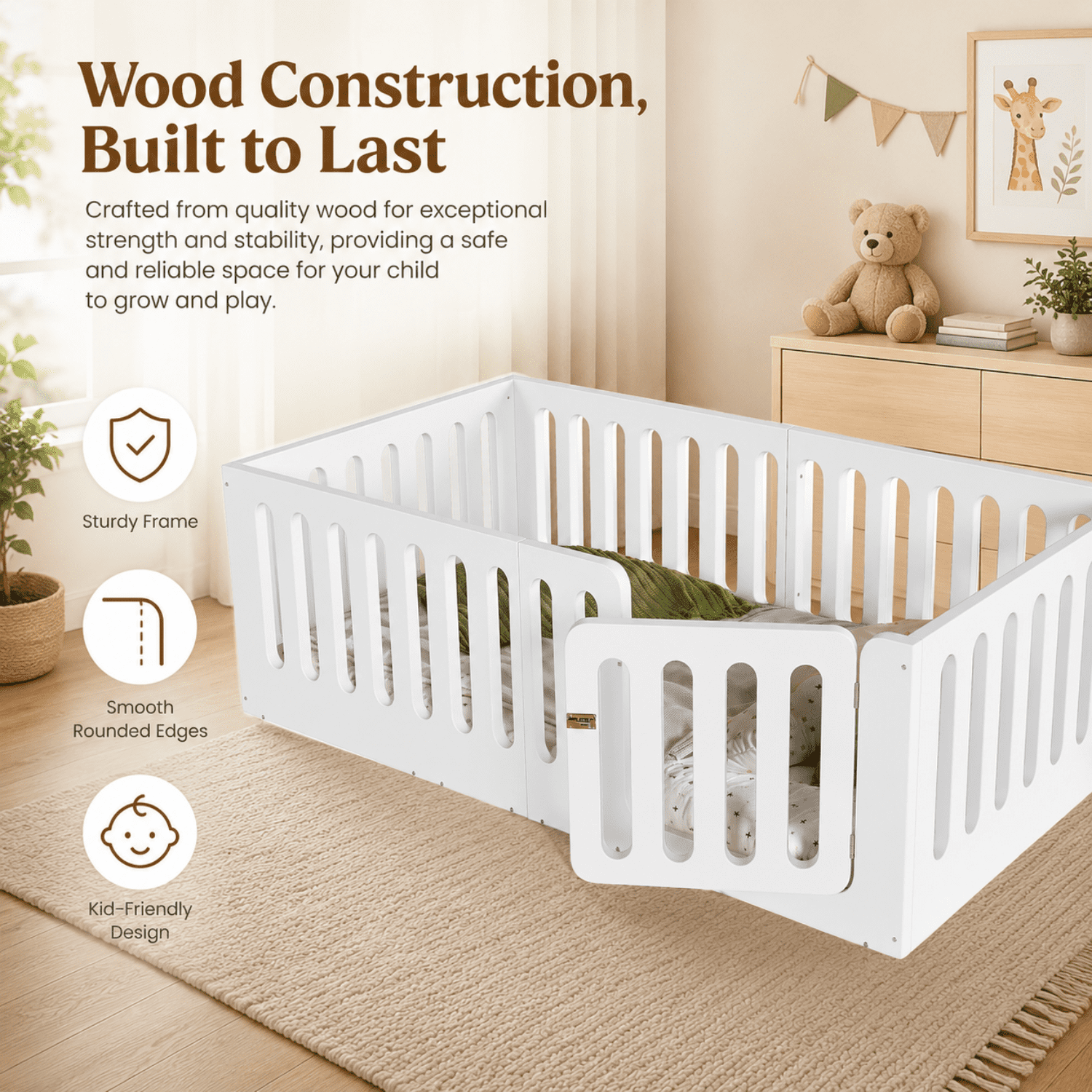 Miniyam Twin Floor Bed for Kids with Door and Guardrails, Low-Profile Wood Bed Frame, White