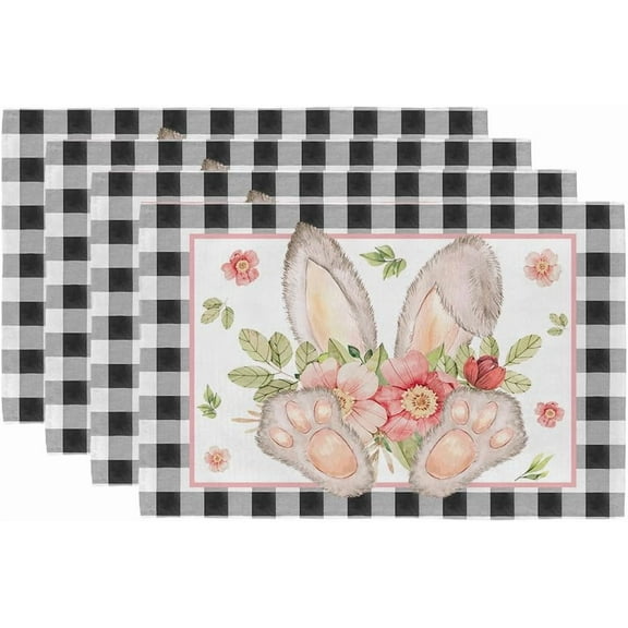 Easter Placemats 12x18 Inch Buffalo Plaid Bunny Floral Farmhouse Kitchen Dining Spring Table Decoration for Indoor Outdoor Dinner Party Décor GP100-18