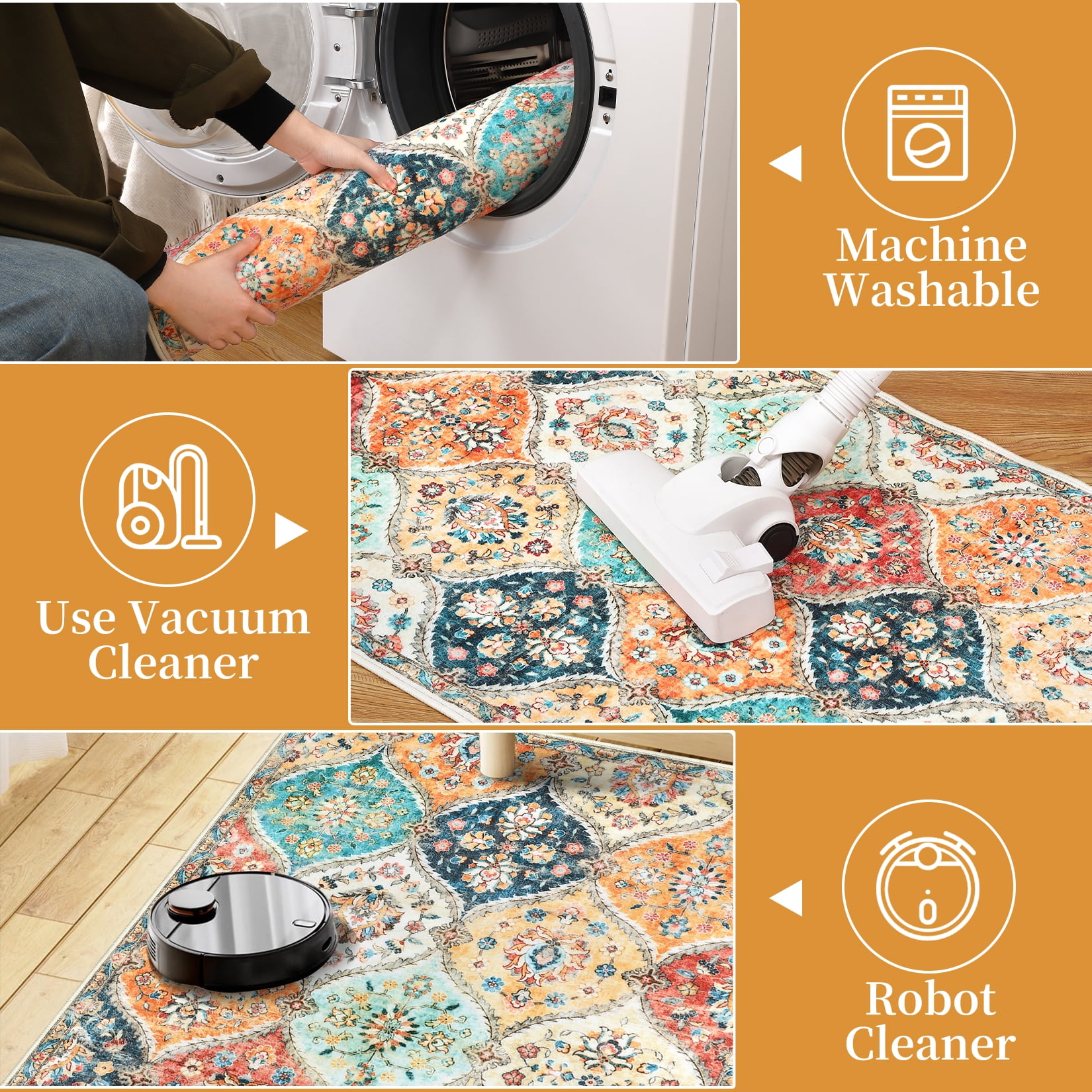 HOMERRY Area Rugs 8' x 10' Area Rug for Living Room Moroccan Trellis Floral Washable Bedroom Non-Slip Carpet for Home Decor, Orange