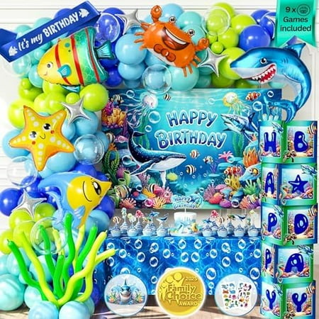 179 PCS Under the Sea Party Decorations – Ocean Themed Baby Shark Birthday Supplies with Balloon Arch Kit, Backdrop, Sea Creatures, Cake Toppers & Tablecloth – Underwater Party Decor for Kids