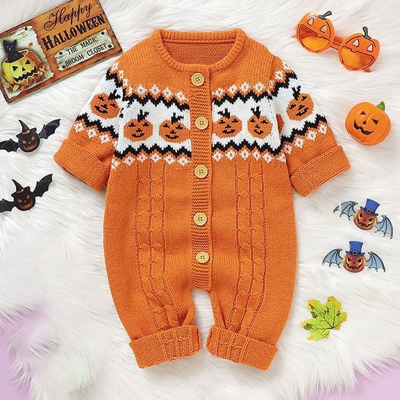 XIMIN Newborn Baby Boy Girl Halloween Sweater Outfit Long Sleeve Jumpsuit Ribbed Knit Cute Pumpkin Embroidery Button Knit Sweater Romper Fall Winter Clothes