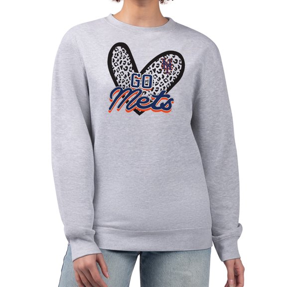 Women's G-III 4Her by Carl Banks Heather Gray New York Mets Leopard Heart Pullover Sweatshirt