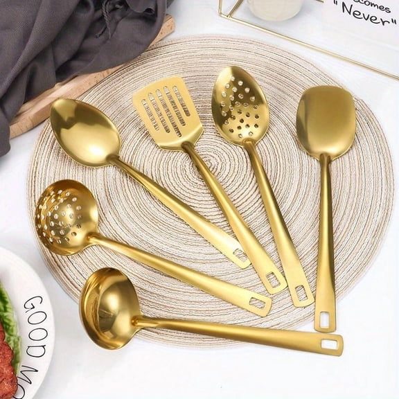 Stainless Steel Kitchen Utensil Set 6pcs Gold-Plated Long Metal Cooking Utensil Gadgets with Spatula, Ladle, Spoon, Skimmer(Silver)