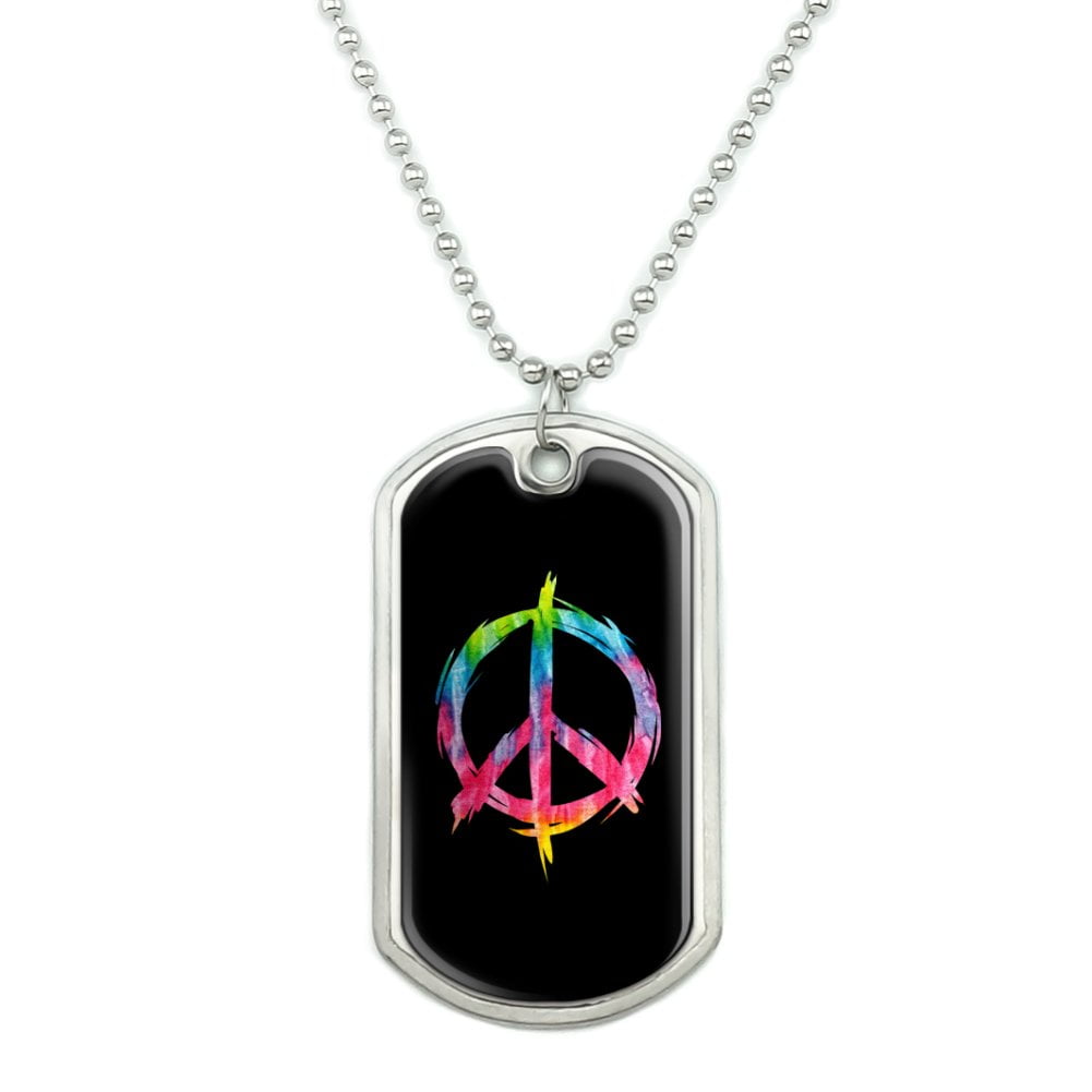 Tie Dye Peace Sign Military Dog Tag Pendant Necklace with Chain
