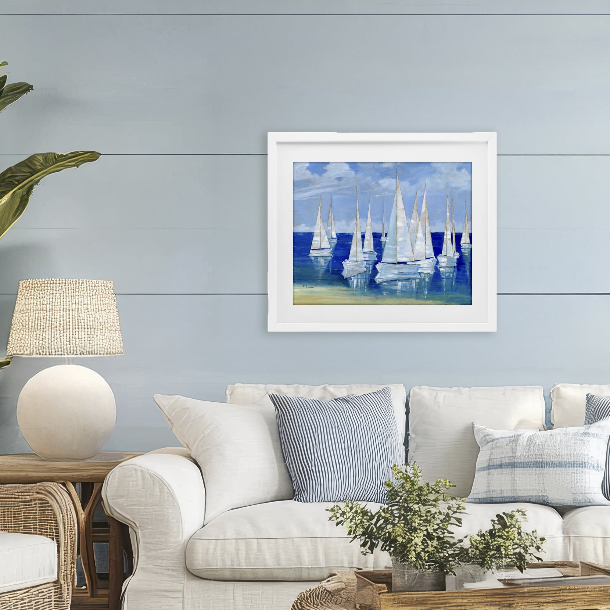 Stupell Industries Blanco Beach Sailboats White Framed Print Under Glass, design by Paul Brent