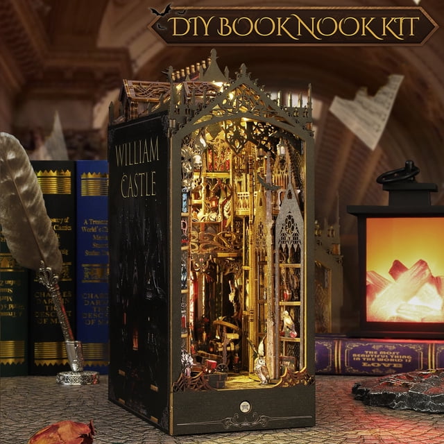 Toorise DIY Book Nook Kit Exquisite 3D Wood Puzzle Booknook Pretty Bookshelf Insert Decor Alley Solid Book Nook Model with Furniture and LED Light Artistic Book Stand Model for Desktop-black-