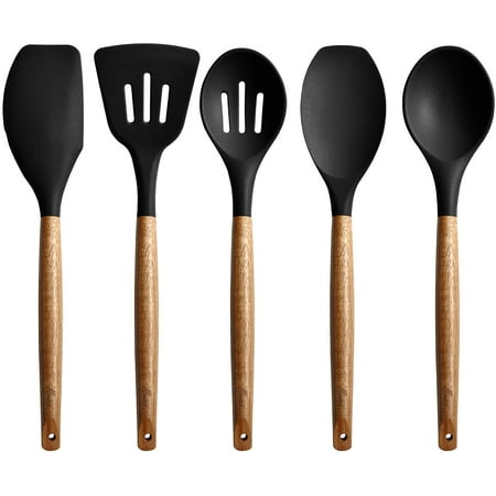 

5 Pieces Non-Stick Silicone Kitchen Utensils Set with Natural Acacia Hard Wood Handle Black BPA Free Baking & Serving Silicone Cooking Utensils